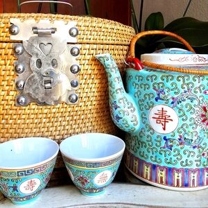 Porcelain Tea Set w Rattan Thermal Basket Rose Famile Handpainted